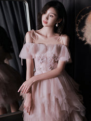 Pink tulle off shoulder short prom dress pink cocktail dress