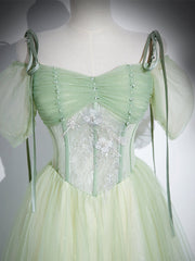 Light Green Tulle Off Shoulder Straps Party Dress, A-line Green Prom Dress