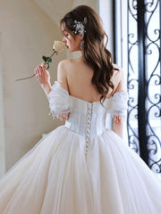 Cute Sweetheart Neck Light Champagne Long Prom Dress, Tulle Sweet 16 Dress with Beading