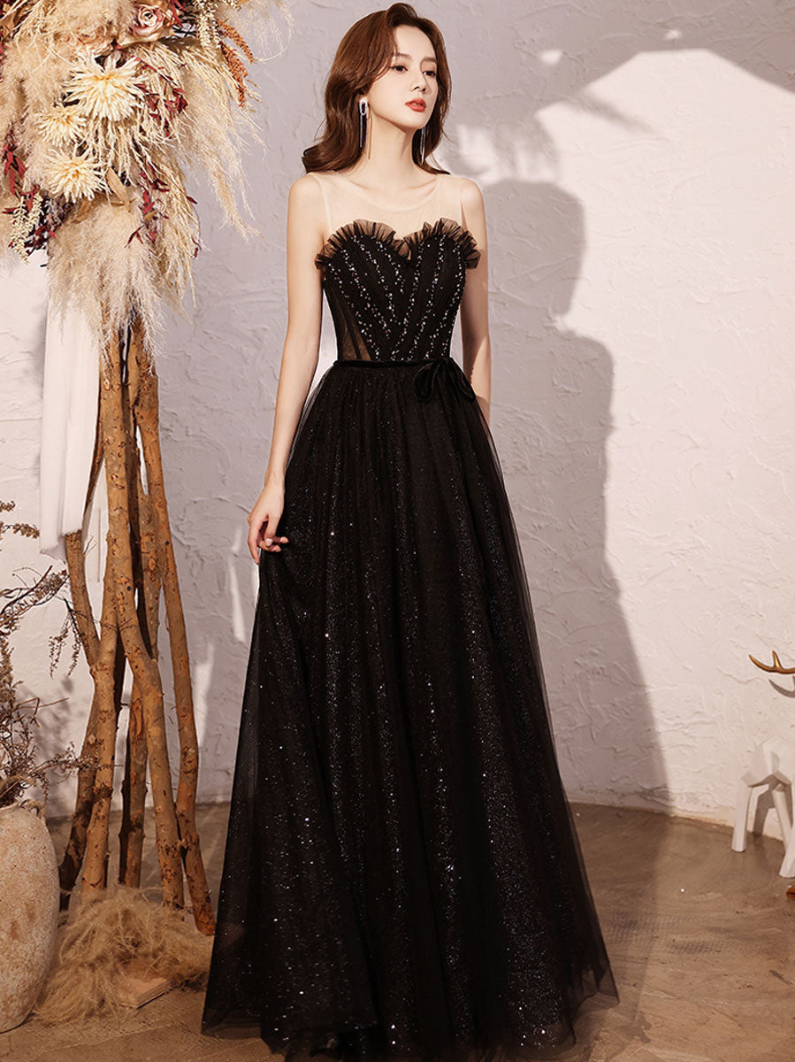Black A line sequin long prom dress, black evening dress