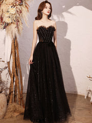 Black A line sequin long prom dress, black evening dress