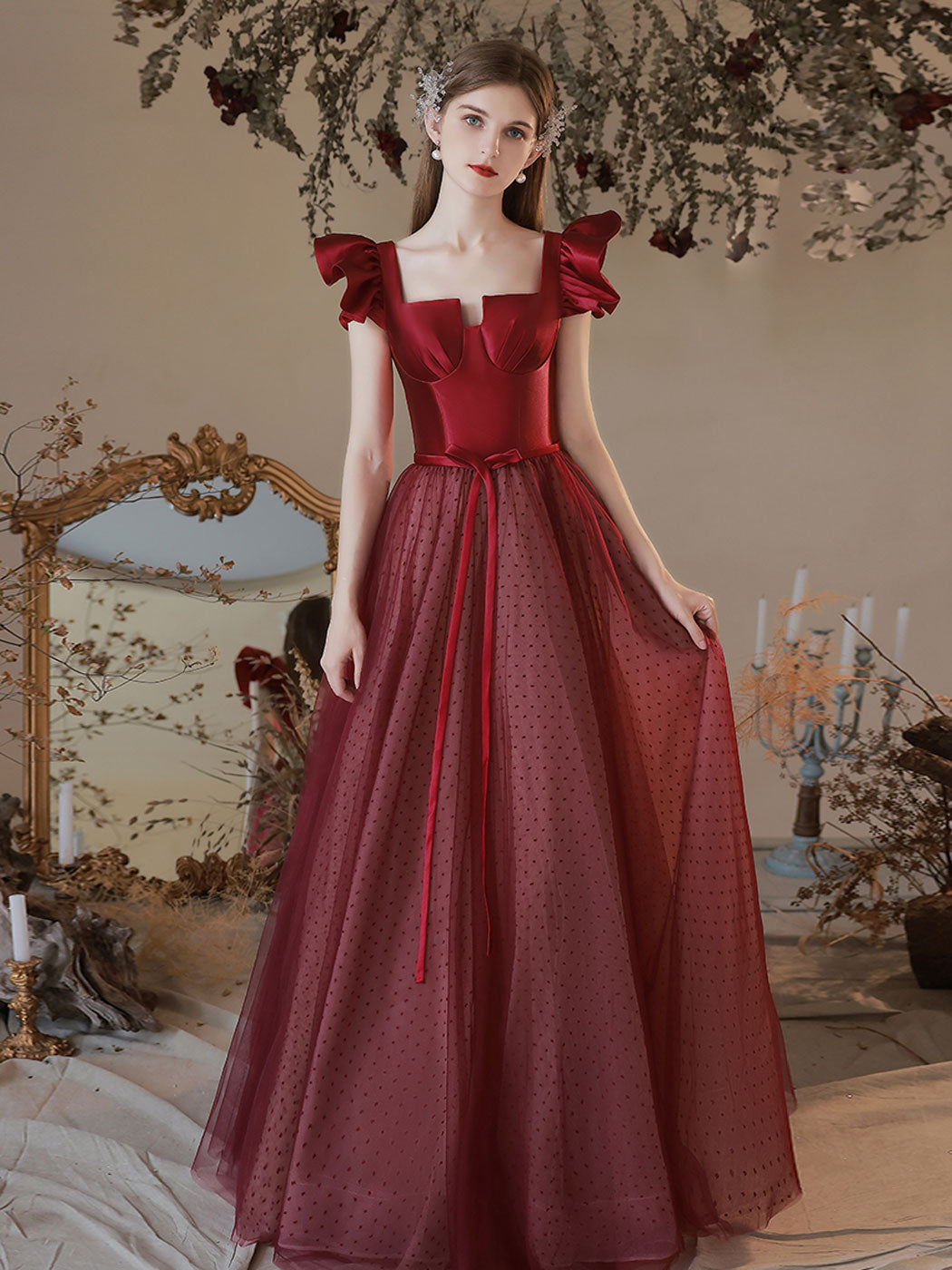 Aline Square Neckline Burgundy Long Prom Dresses, Burgundy Formal Evening Dresses