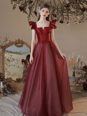 Aline Square Neckline Burgundy Long Prom Dresses, Burgundy Formal Evening Dresses