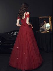 Burgundy A line long prom dress, off shoulder formal graduation dress