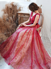Red V-neckline Tulle A-line Long Prom Dress, Red Tulle Evening Dress Party Dress