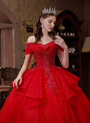 Red Tulle Sweetheart Ball Gown Beaded Long Formal Dress, Red Tulle Sweet 16 Dress