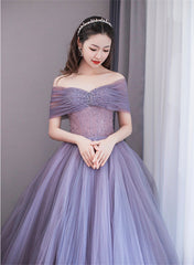 Purple Beaded Tulle Ball Gown Formal Dress, Off Shoulder Sweet 16 Formal Dress