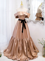 Champagne A line satin off shoulder long prom dress champagne evening dress