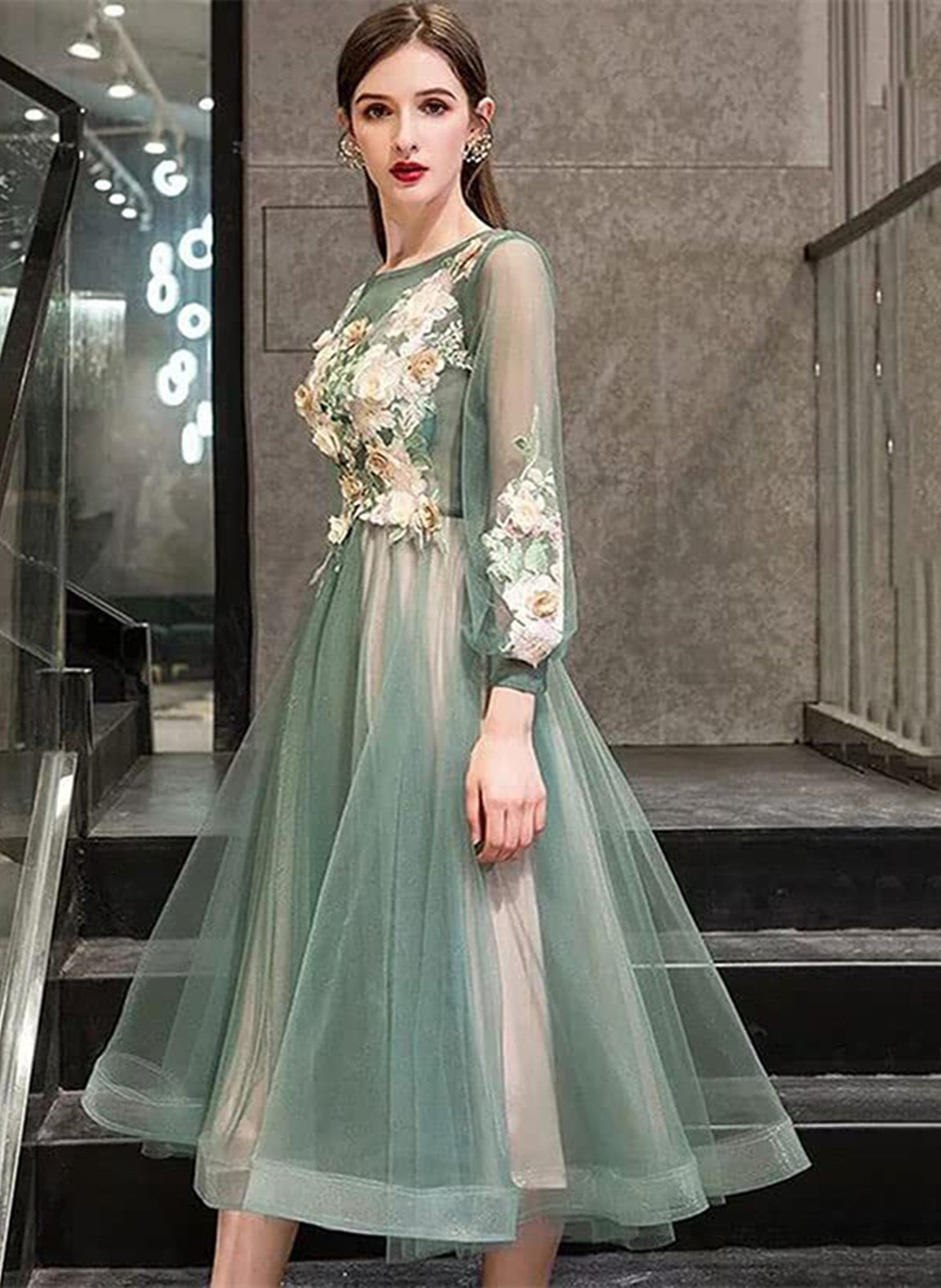 Green Floral Long Sleeves Tea Length Party Dress, Green Bridesmaid Dress