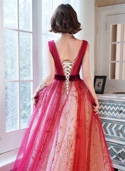 Red V-neckline Tulle A-line Long Prom Dress, Red Tulle Evening Dress Party Dress