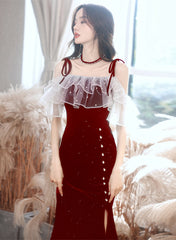 Wine Red Velvet Straps Wedding Party Dress, Wine Red Lace-up Evening Dress