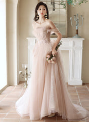 Pink Off Shoulder Tulle Long Formal Dress, Off Shoulder Pink Long Prom Dress