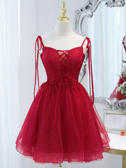 Burgundy tulle lace short prom dress burgundy homecoming dress