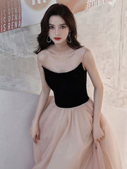 Champagne A line tulle long prom dress, champagne evening dress