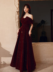 Wine Red Velvet Floor Length Party Dress, A-line Formal Dress Wine Red Prom Dress