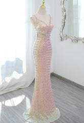 Lovely Sequins Mermaid V-neckline Straps Party Dress, Sequins Long Formal Dress