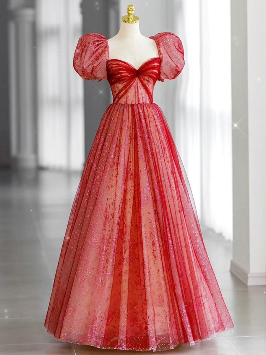 Red tulle lace long prom dress, red tulle formal dress