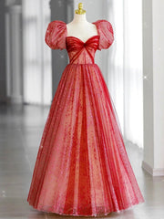 Red tulle lace long prom dress, red tulle formal dress
