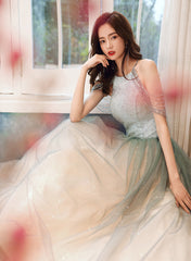 Shiny Light Green Tulle Long Halter Neckline Party Dress, A-line Gradient Prom Dress