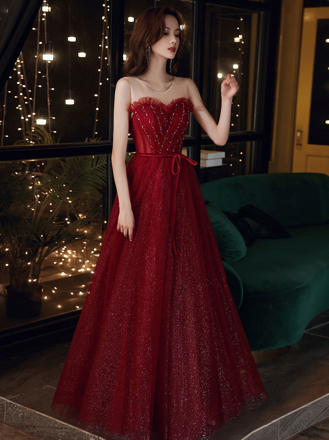 Burgundy A line tulle sequin long prom dress, burgundy evening dress
