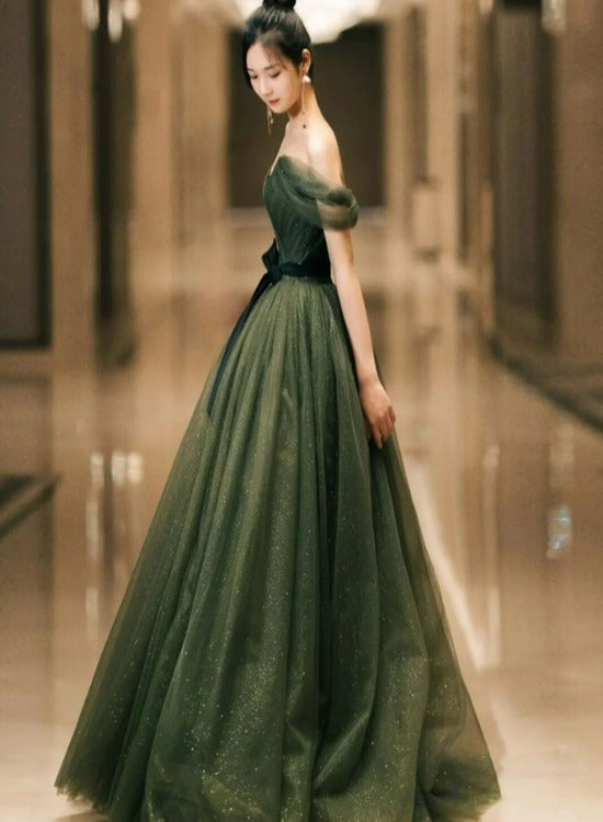 Dark Green Sweetheart Off Shoulder Long Formal Gown, Green Sweet 16 Dresses