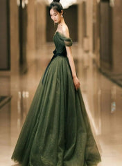 Dark Green Sweetheart Off Shoulder Long Formal Gown, Green Sweet 16 Dresses