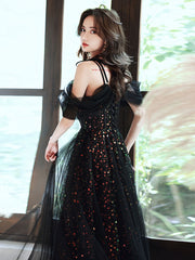 Black A Line Off Shoulder Tulle Long Prom Dresses, Black Formal Evening Dress