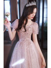 Shiny Tulle Pink Short Sleeves Sweetheart Prom Dress, A-line Pink Tulle Evening Dress