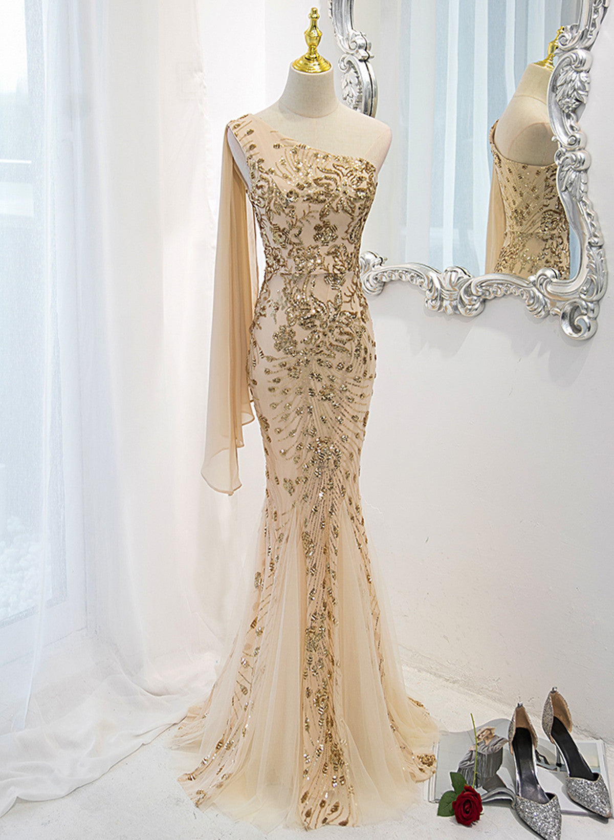 Lovely One Shoulder Champagne Sequins Mermaid Prom Dress, Champagne Evening Dress