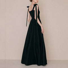 A Line Satin Black Formal Dress French Style Evening Dress 2047