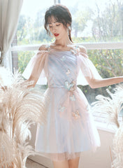 Cute Tulle Short Blue and Pink Party Dress, A-line Off Shoulder Homecoming Dress