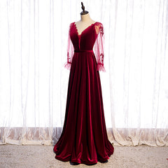 Wine Red Velvet Long Party Dress Prom Dress, A-line Long Sleeves Formal Dresses