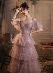 Dark Pink Shiny Tulle Short Sleeves Party Dress, Beaded Pink Tulle Prom Dress