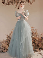 A-Line Square Neckline Gray Blue Long Prom Dress, Lace Formal Evening Dress