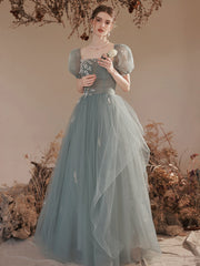 Light Green Short Sleeves Tulle Floor Length Party Dress, A-line  Evening Formal Gown