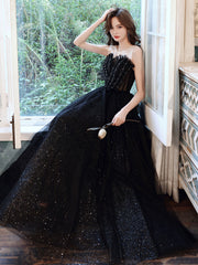 Black A line sequin long prom dress, black evening dress