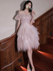 Pink tulle off shoulder short prom dress pink cocktail dress