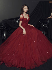 Burgundy A line long prom dress, off shoulder formal graduation dress