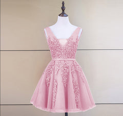 Cute Tulle V-neckline Beaded Short Prom Dress, Homecoming Dresses 2022