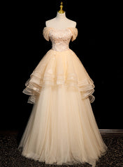 Cute Light Champagne Off Shoulder Sweetheart Prom Dress, Light Champagne Party Dress