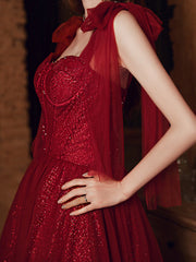Wine Red Straps Sweetheart Shiny Tulle Party Dress, A-line Wine Red Formal Dress