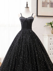 Black A-Line Tulle Long Prom Dress, Black Formal Evening Dresses