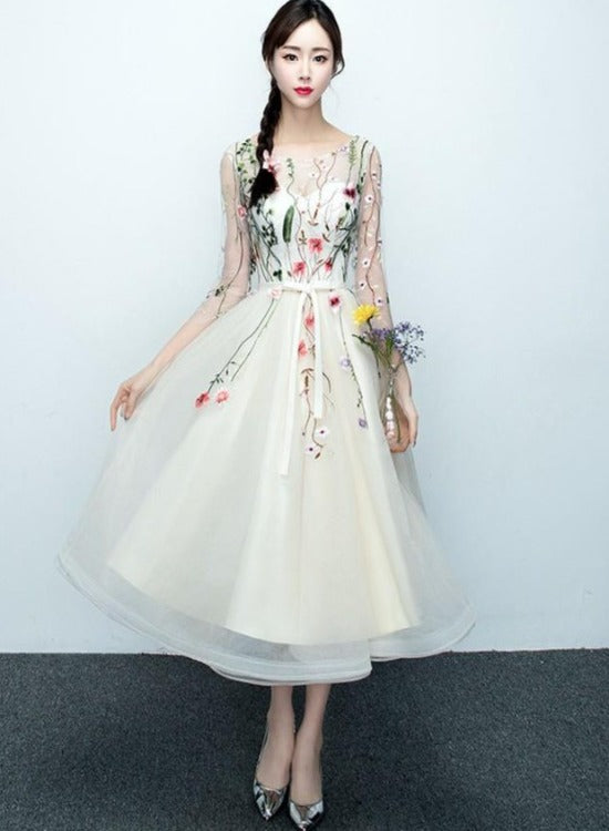 Light Champagne Tea Length Floral Lace Formal Dress Bridesmaid Dress, Cute Short Party Dresses