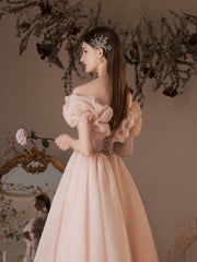 Pink tulle off shoulder tea length prom dress, pink formal dress