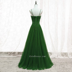 Green Beaded Tulle Sweetheart Tulle A-line Prom Dreess, Green Formal Dress Long Evening Dress