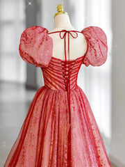 Red tulle lace long prom dress, red tulle formal dress