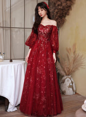 Wine Red Tulle Shiny Tulle Puffy Sleeves Prom Dress, Wine Red Long Party Dress