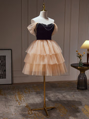 Champagne Tulle Sweetheart Short Party Dress, Champagne Homecoming Dress