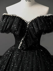 A-Line Sweetheart Neck Tulle Sequin Black Long Prom Dress, Black Long Formal Dress