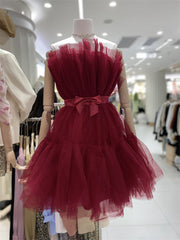 Cute Short Blue Tulle Party Dress with Bow, Lovely Formal Dresses Homecoming Dress